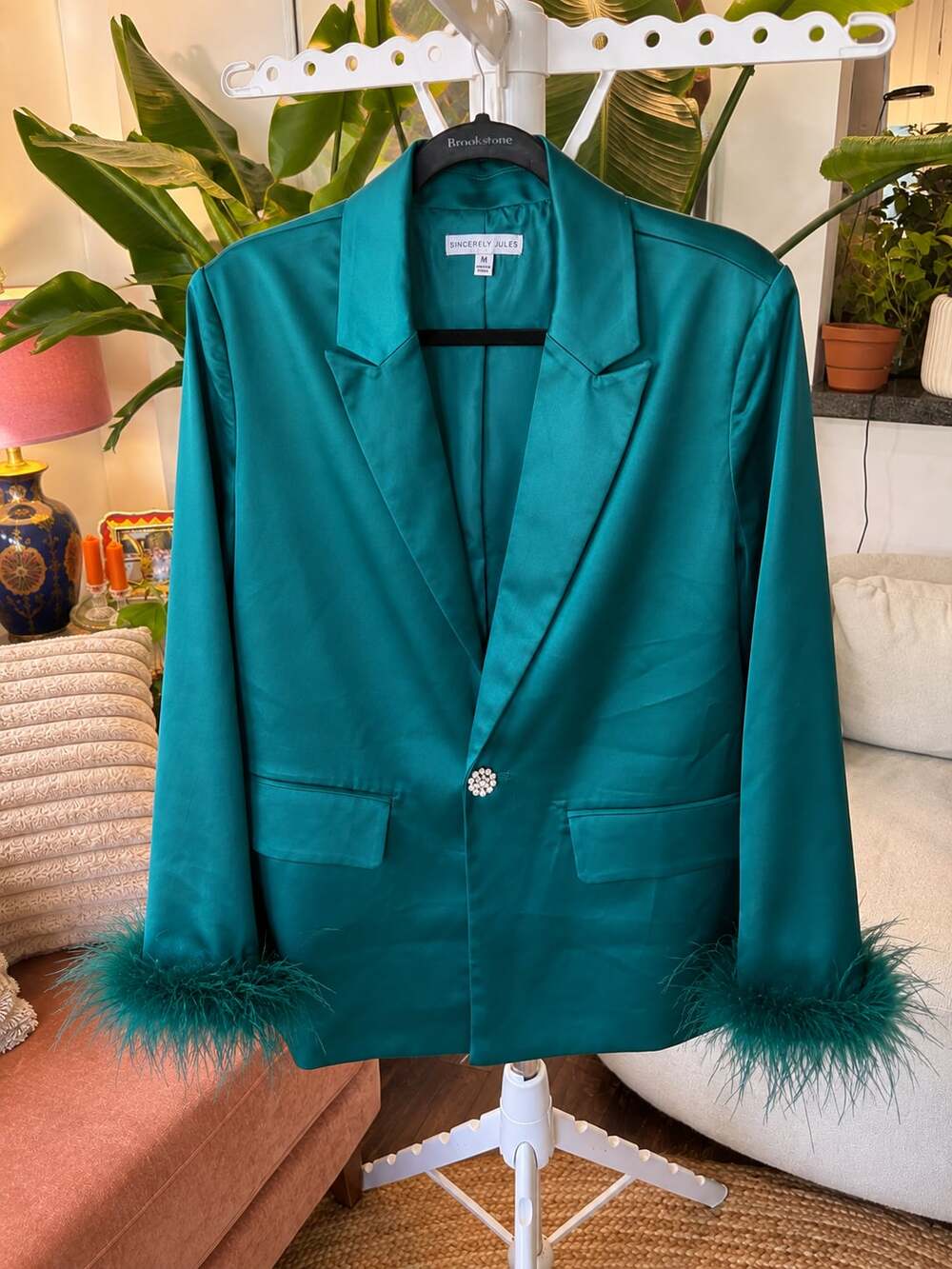 Sincerely Jules Emerald Green Satin Feather Cuff Sleeves Blazer Womens Medium Je